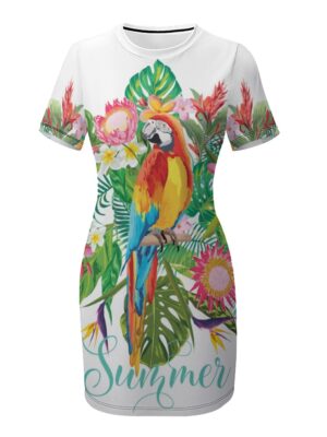 Eria Parrot Crew Neck Short Sleeve Dress