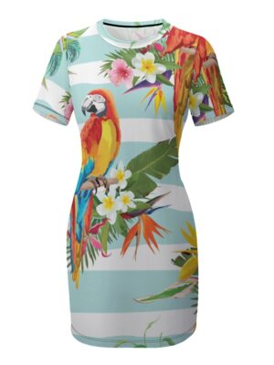 Aros Parrot Crew Neck Short Sleeve Dress