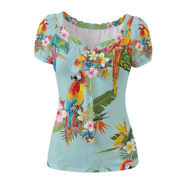 Aria Parrot Puff Sleeve Pleated T-Shirt