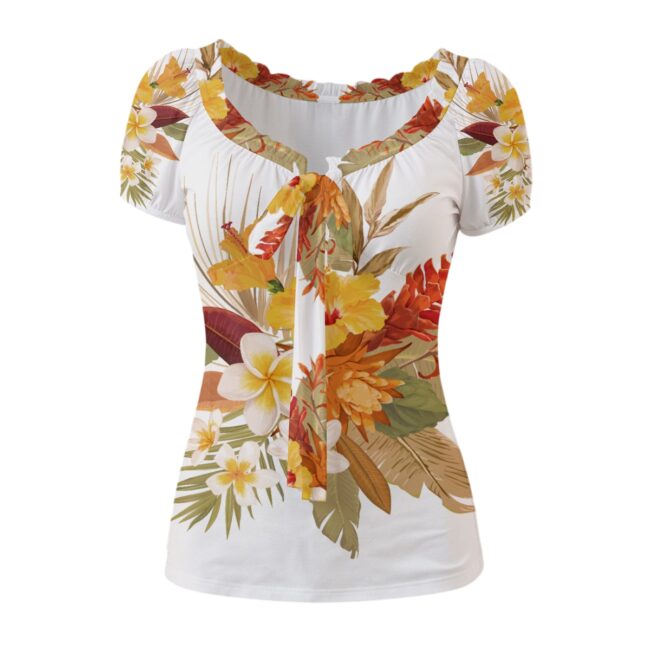 Libi Hibiscus Puff Sleeve Pleated T-Shirt