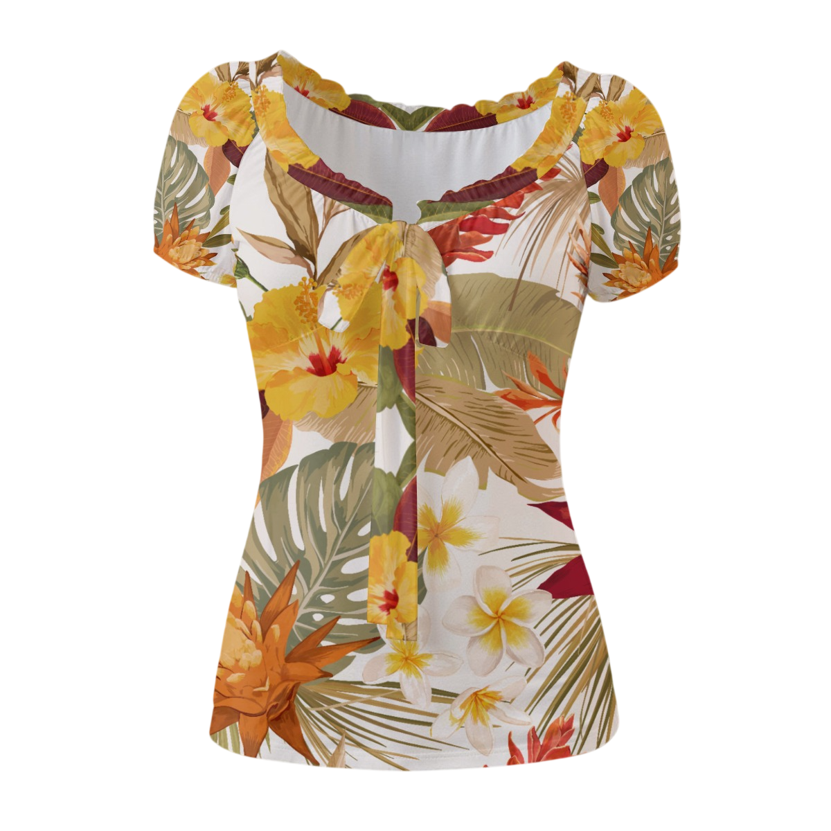 Hibi Hibiscus Puff Sleeve Pleated T-Shirt