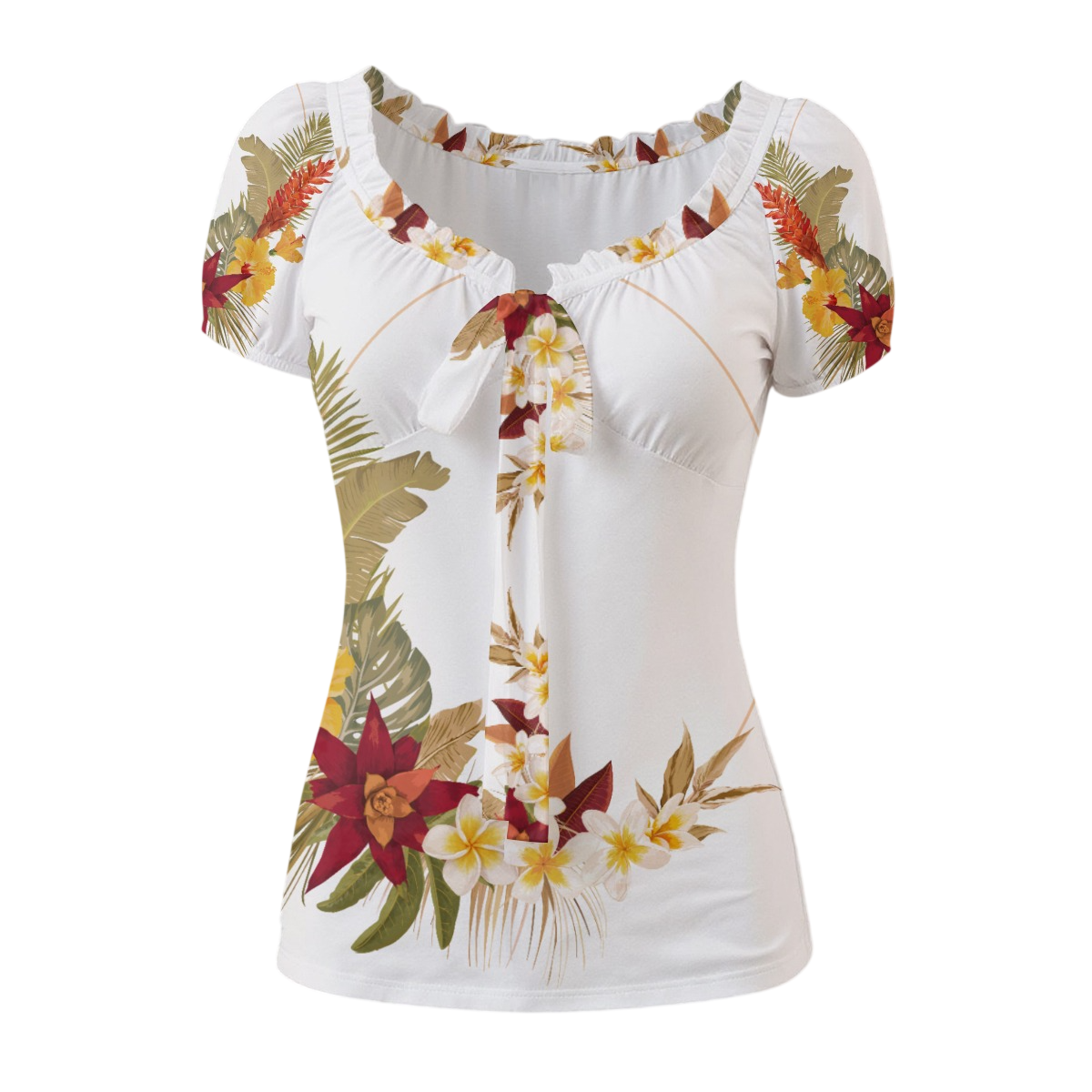 Hilo Hibiscus Puff Sleeve Pleated T-Shirt