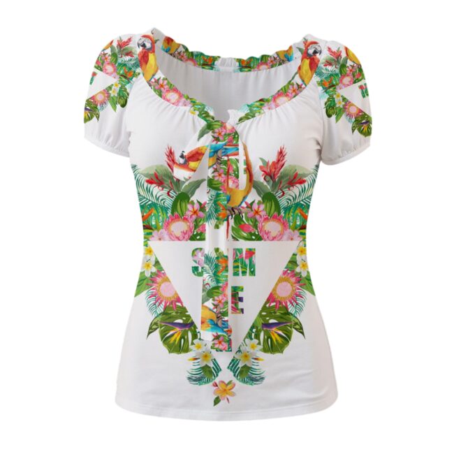 Eros Parrot Puff Sleeve Pleated T-Shirt